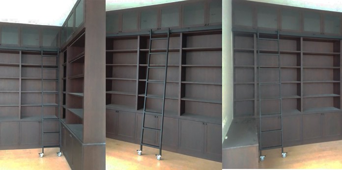 บันไดรางเลื่อนเหล็กสีดำสำหรับหยิบของชั้นวางหนังสือห้องสมุดบริษัทซิงเทคจำกัด