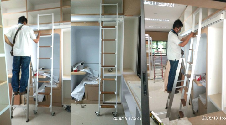 บันไดรางเลื่อนเหล็กสีขาวขั้นเป็นไม้โรงเรียนเทพศิรินทร์พุแคสระบุรี