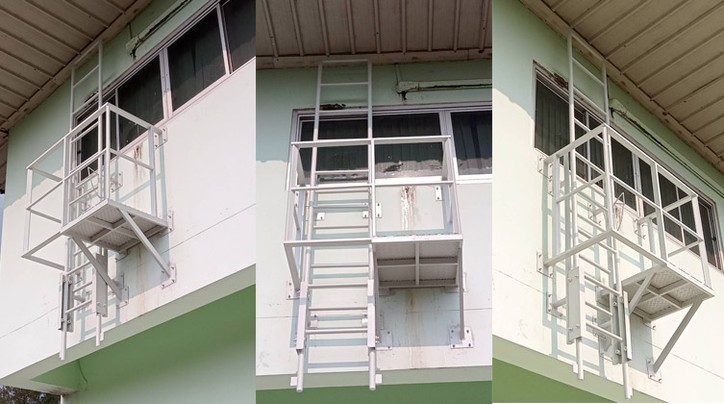 บันไดหนีไฟแบบบันไดปลดล็อคมีชานพักสามโครก