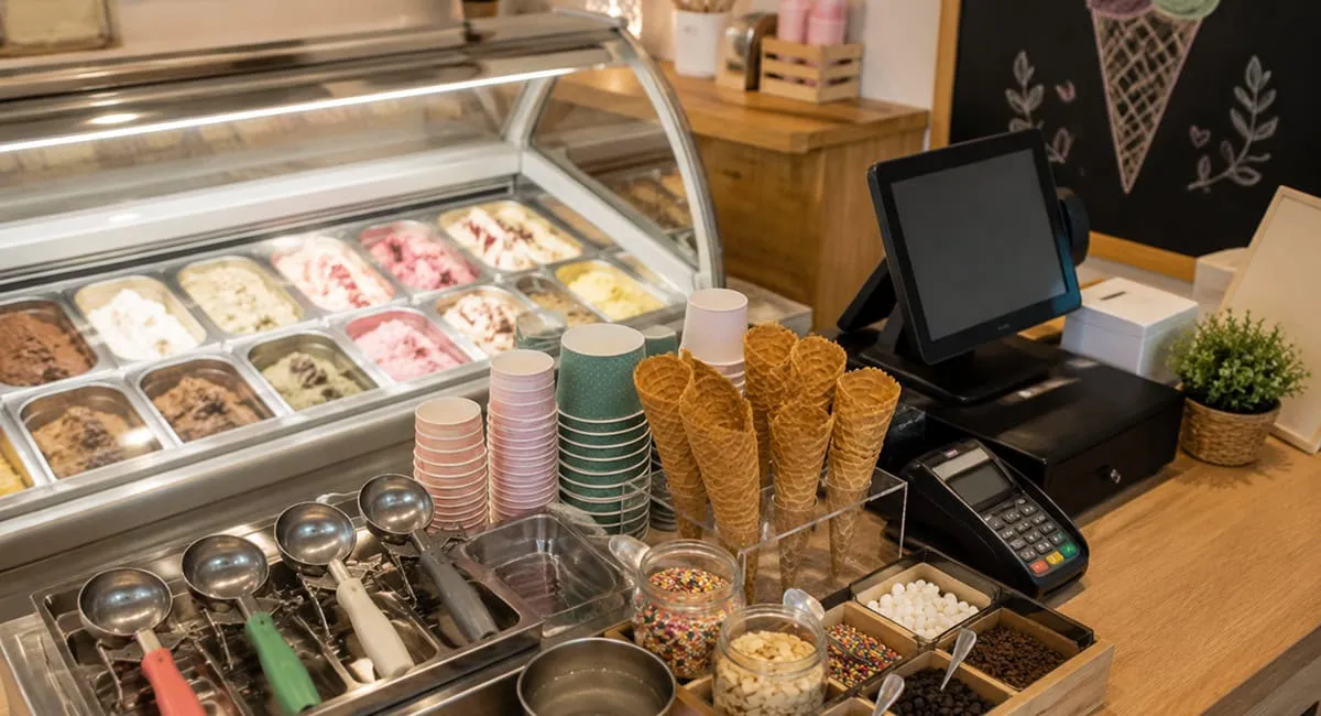 อุปกรณ์เปิดร้านไอศกรีมตู้แช่และอุปกรณ์จัดเสิร์ฟ