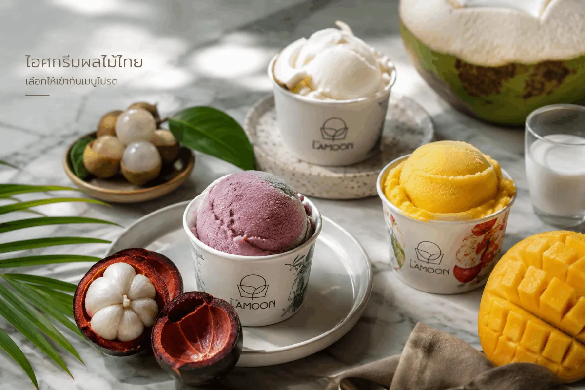 ไอศกรีมผลไม้ไทยหลากรสมังคุดมะม่วงและมะพร้าว