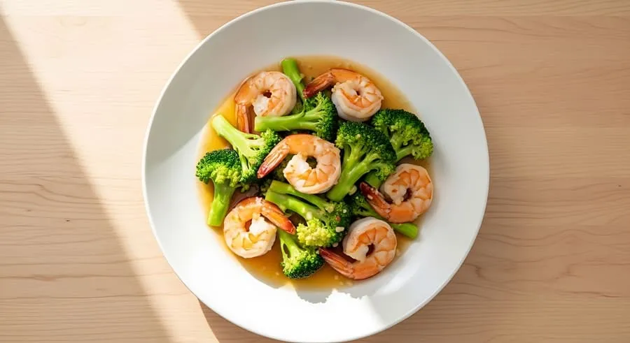 ผัดบรอกโคลีกุ้งน้ำมันมะกอก