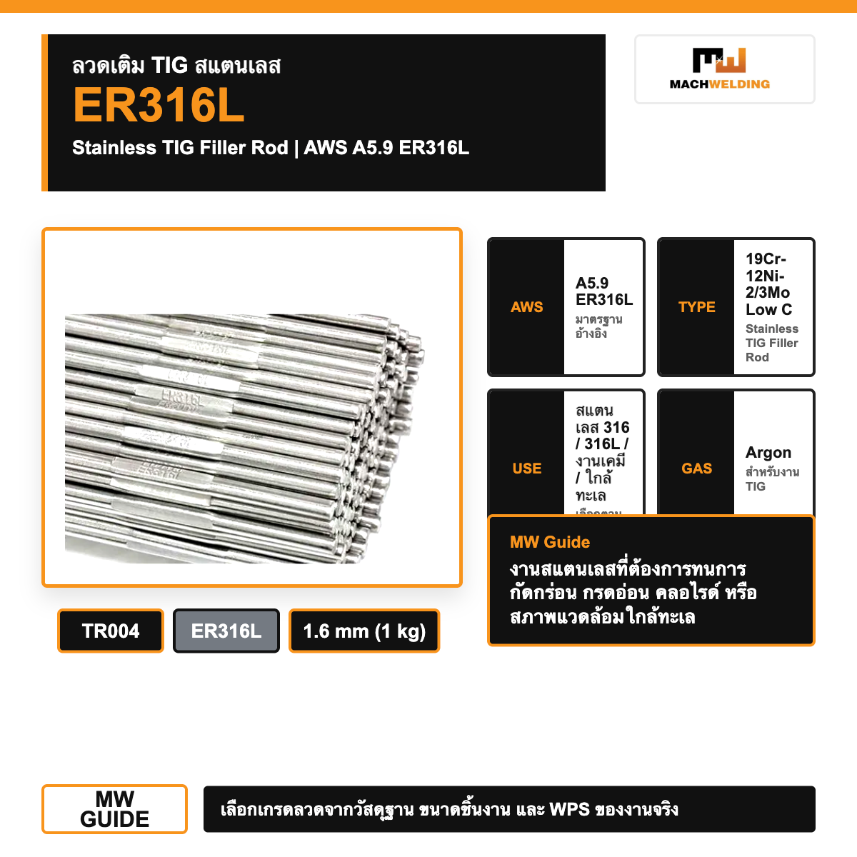 ลวดเติม TIG สแตนเลส ER316L รหัส TR004 | Argon TIG Filler Rod