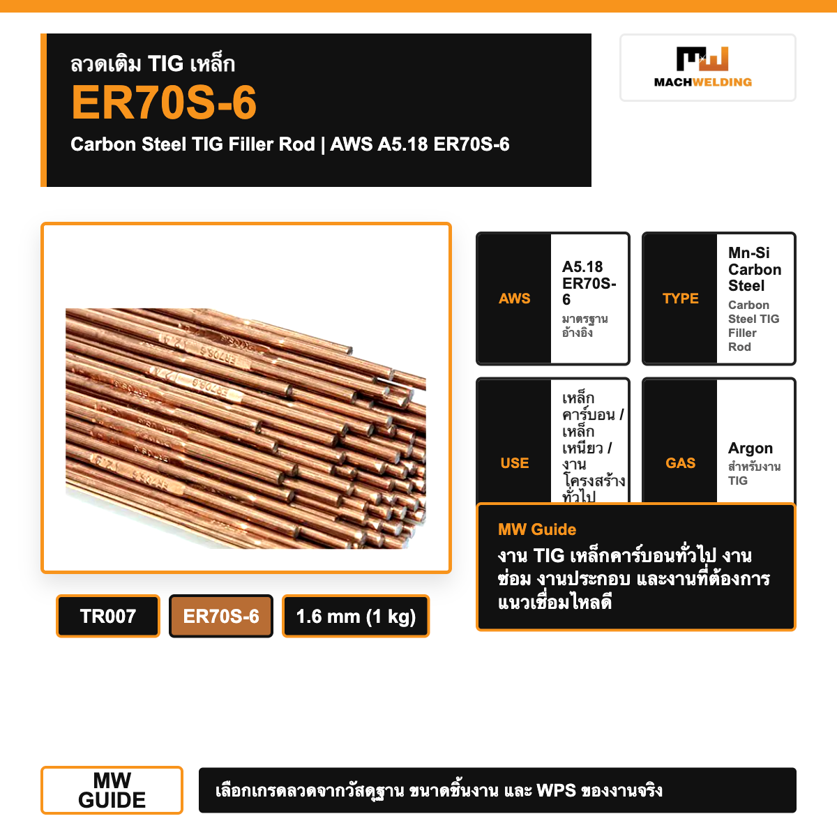 ลวดเติม TIG เหล็ก ER70S-6 รหัส TR007 | Argon TIG Filler Rod