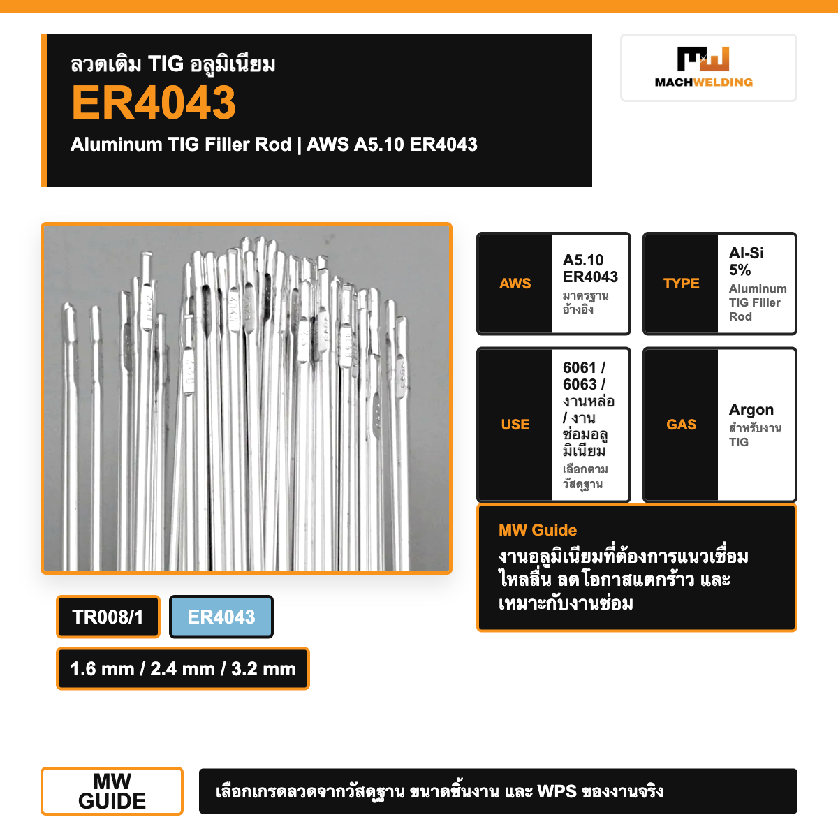 ลวดเติม TIG อลูมิเนียม ER4043 รหัส TR008/1 | Argon TIG Filler Rod