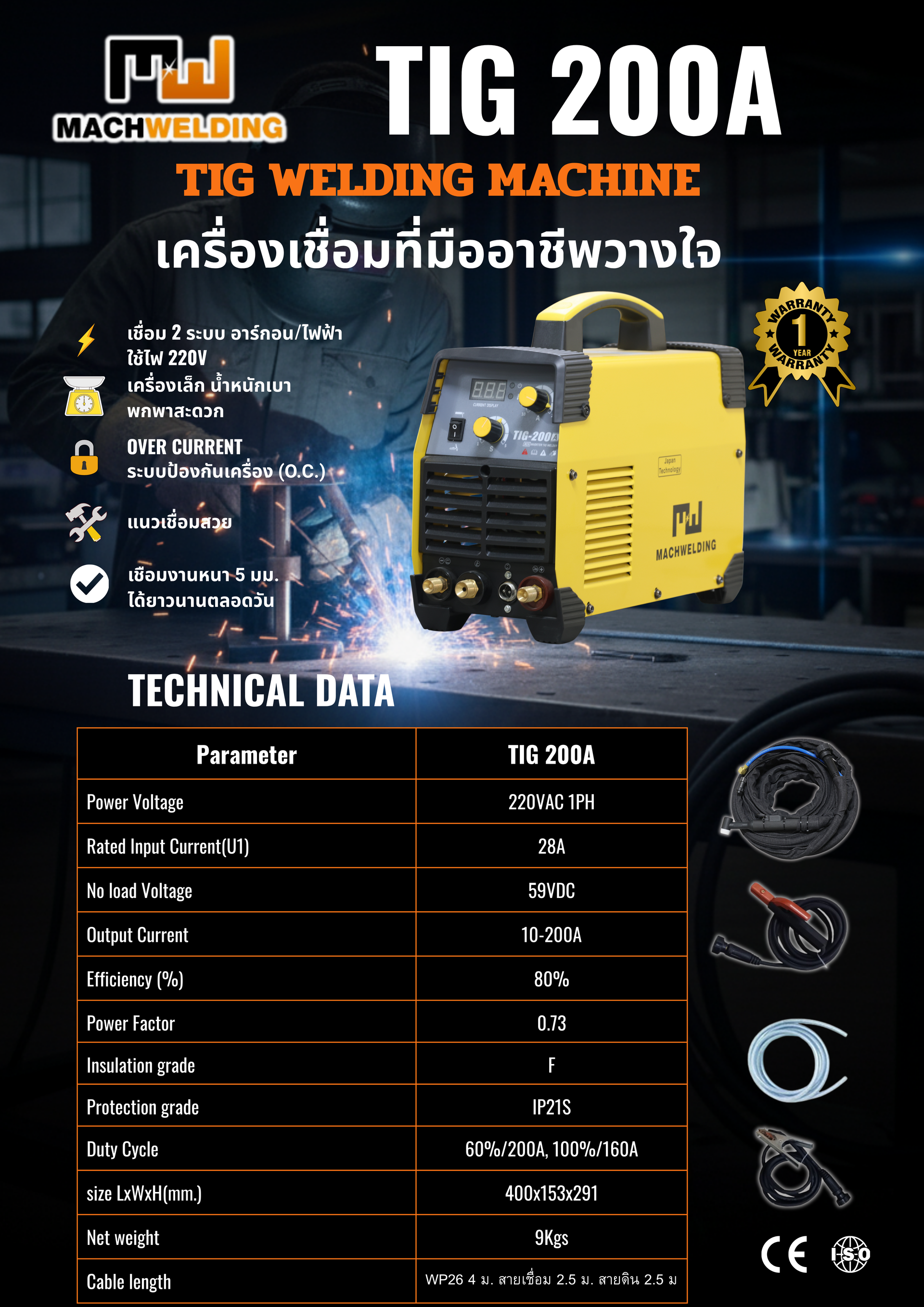 เครื่องเชื่อมอาร์กอน MACHWELDING TIG 200S