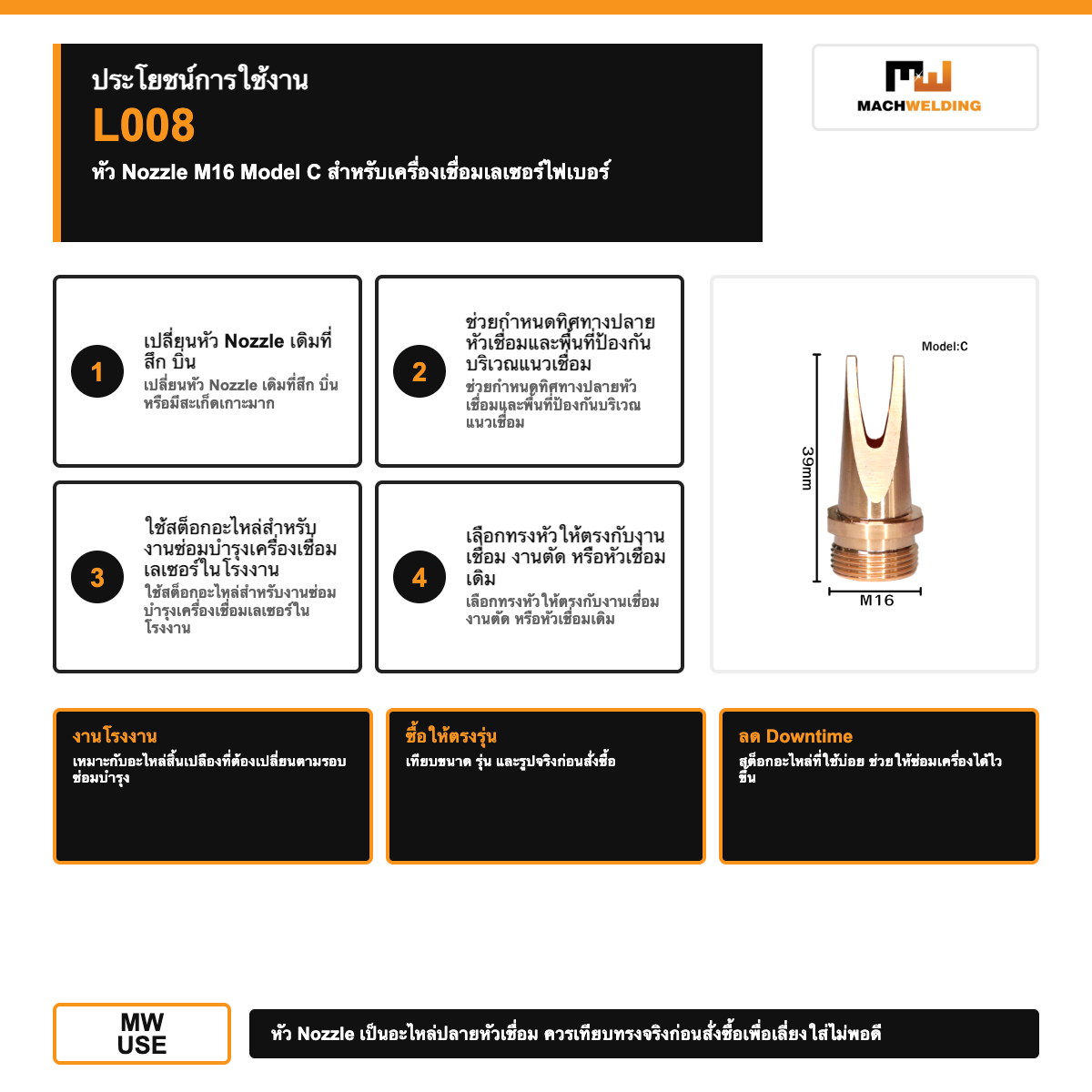 หัว Nozzle M16 Model C สำหรับเครื่องเชื่อมเลเซอร์ไฟเบอร์