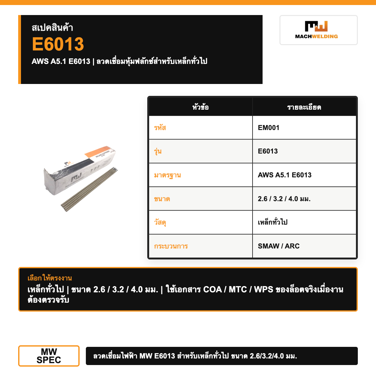 ลวดเชื่อมไฟฟ้า MW E6013 สำหรับเหล็กทั่วไป ขนาด 2.6/3.2/4.0 มม.