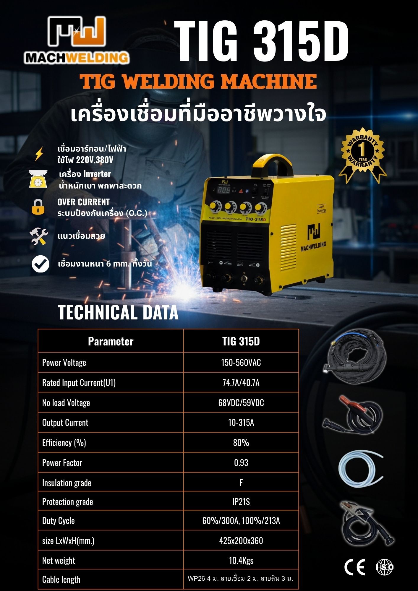 เครื่องเชื่อมอาร์กอน MW TIG 315D 220V/380V