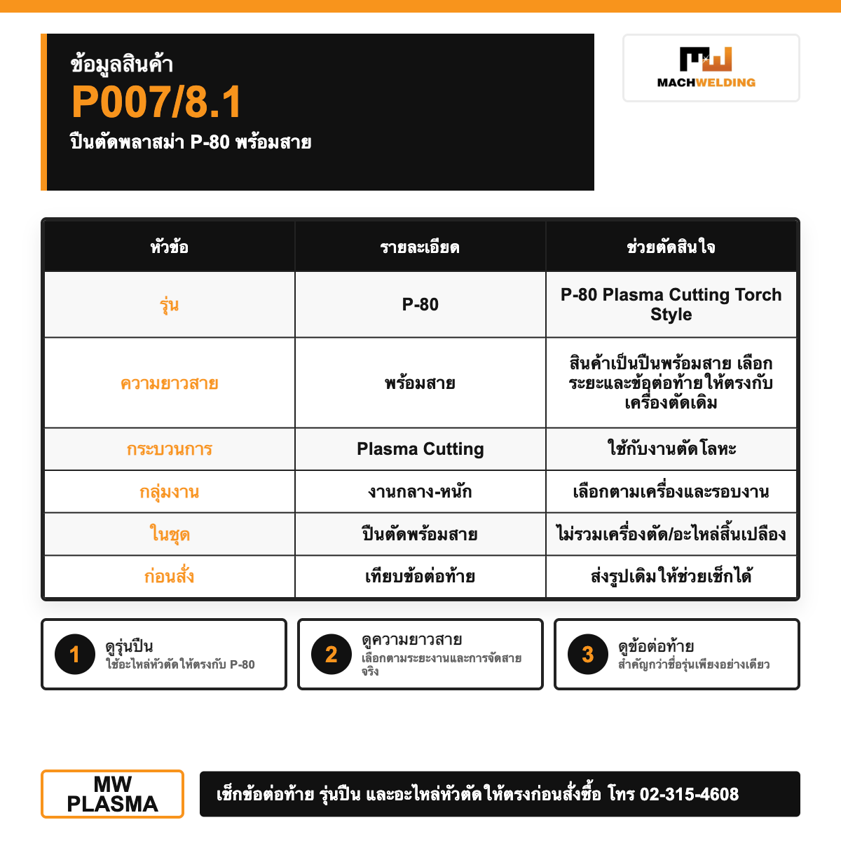 ปืนตัดพลาสม่า P-80 พร้อมสาย รหัส P007/8.1| Plasma Cutting Torch
