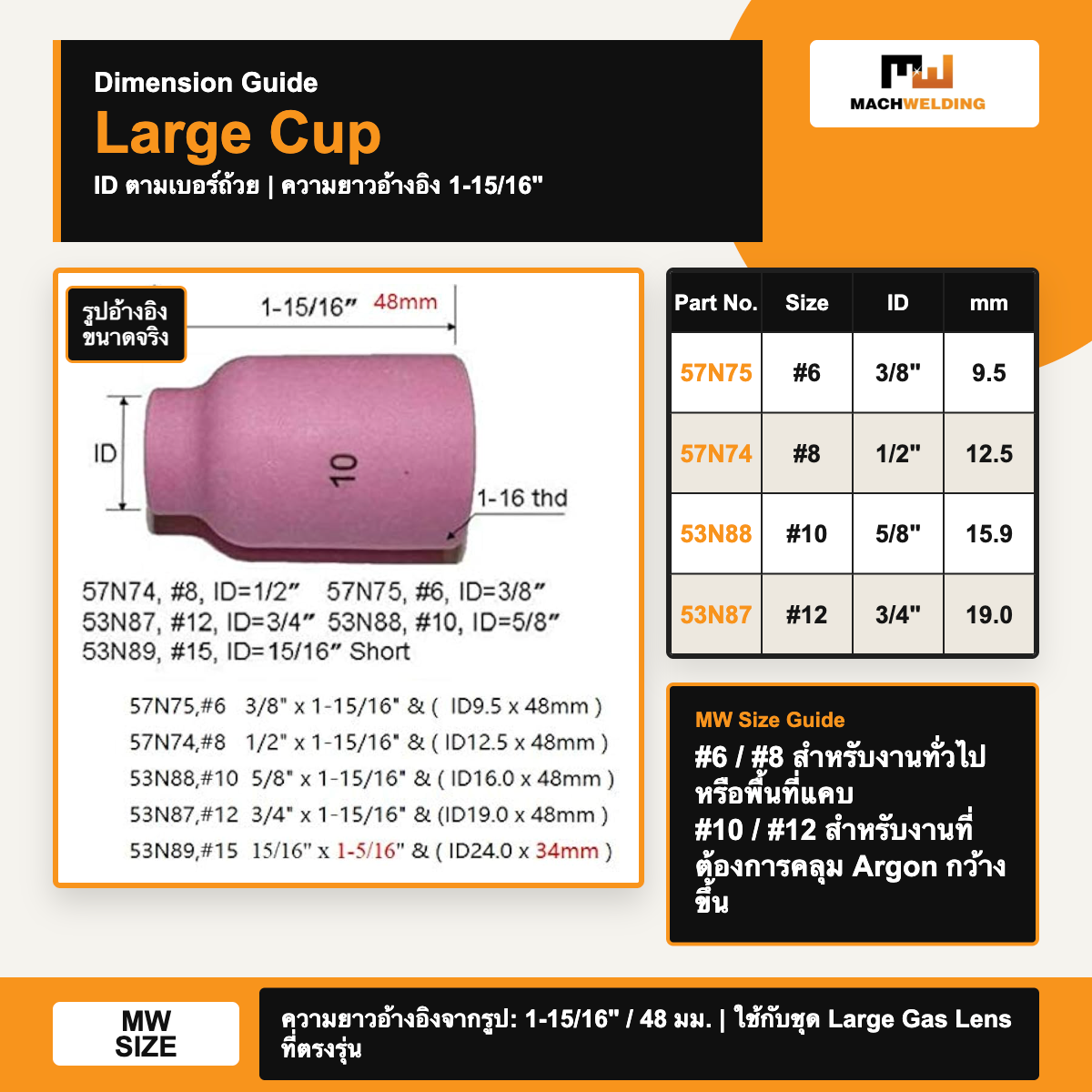 ถ้วยอาร์กอนแก๊สเลนส์ใหญ่ WP26 53N87/57N75