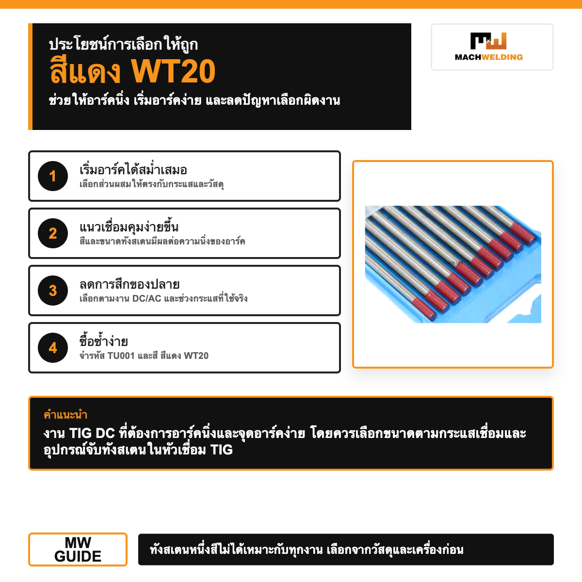 ทังสเตนเชื่อม TIG สีแดง WT20 รหัส TU001 10 เส้น | 2% Thoriated Tungsten