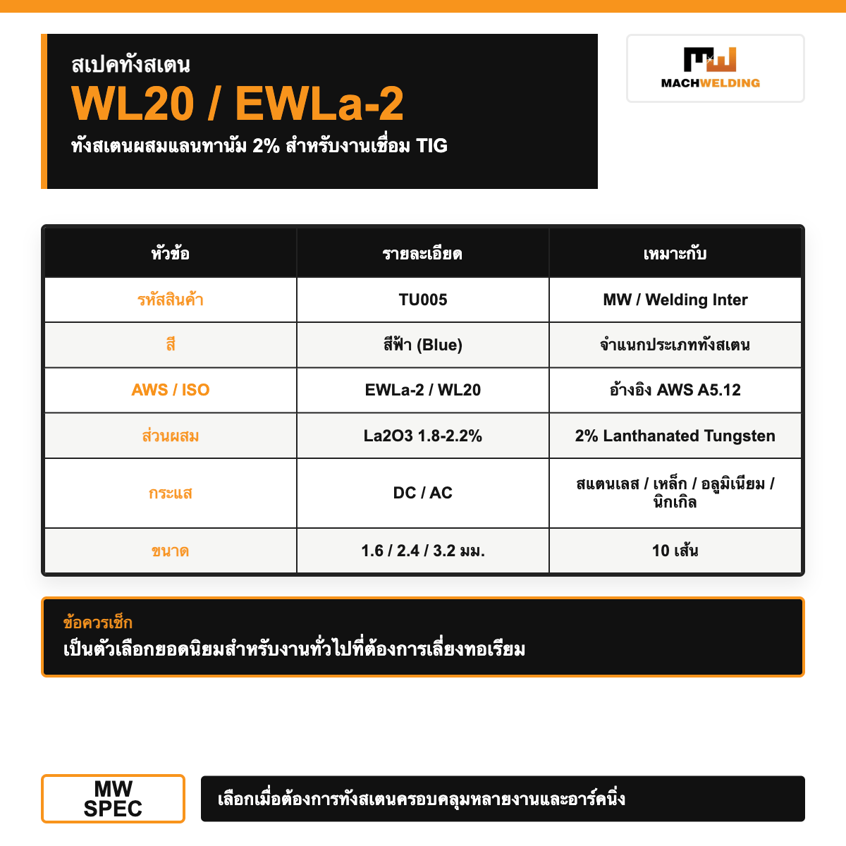 ทังสเตนเชื่อม TIG สีฟ้า WL20 รหัส TU005 10 เส้น | 2% Lanthanated Tungsten