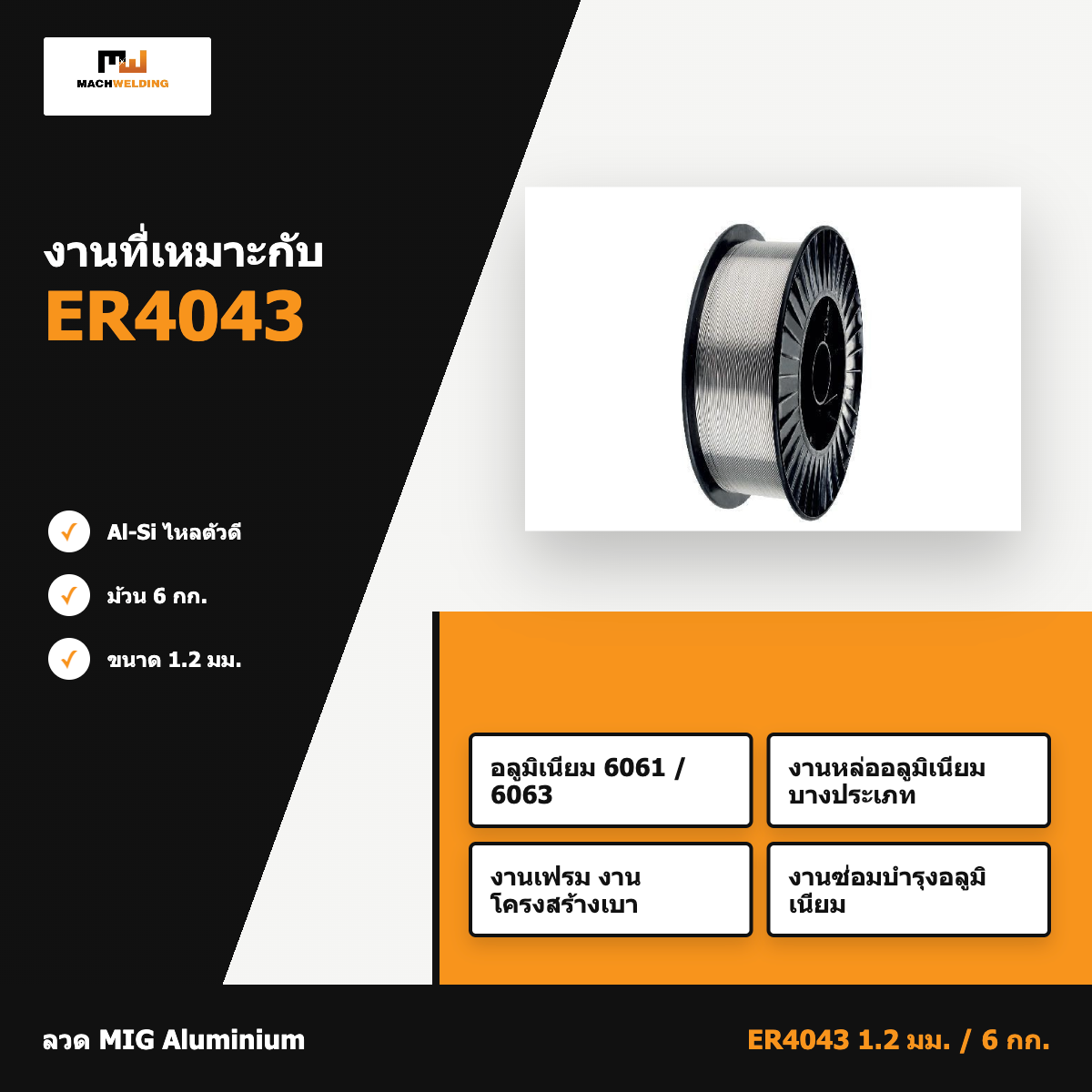 ลวด MIG อลูมิเนียม ER4043 6 กก. ขนาด 1.2 มม.