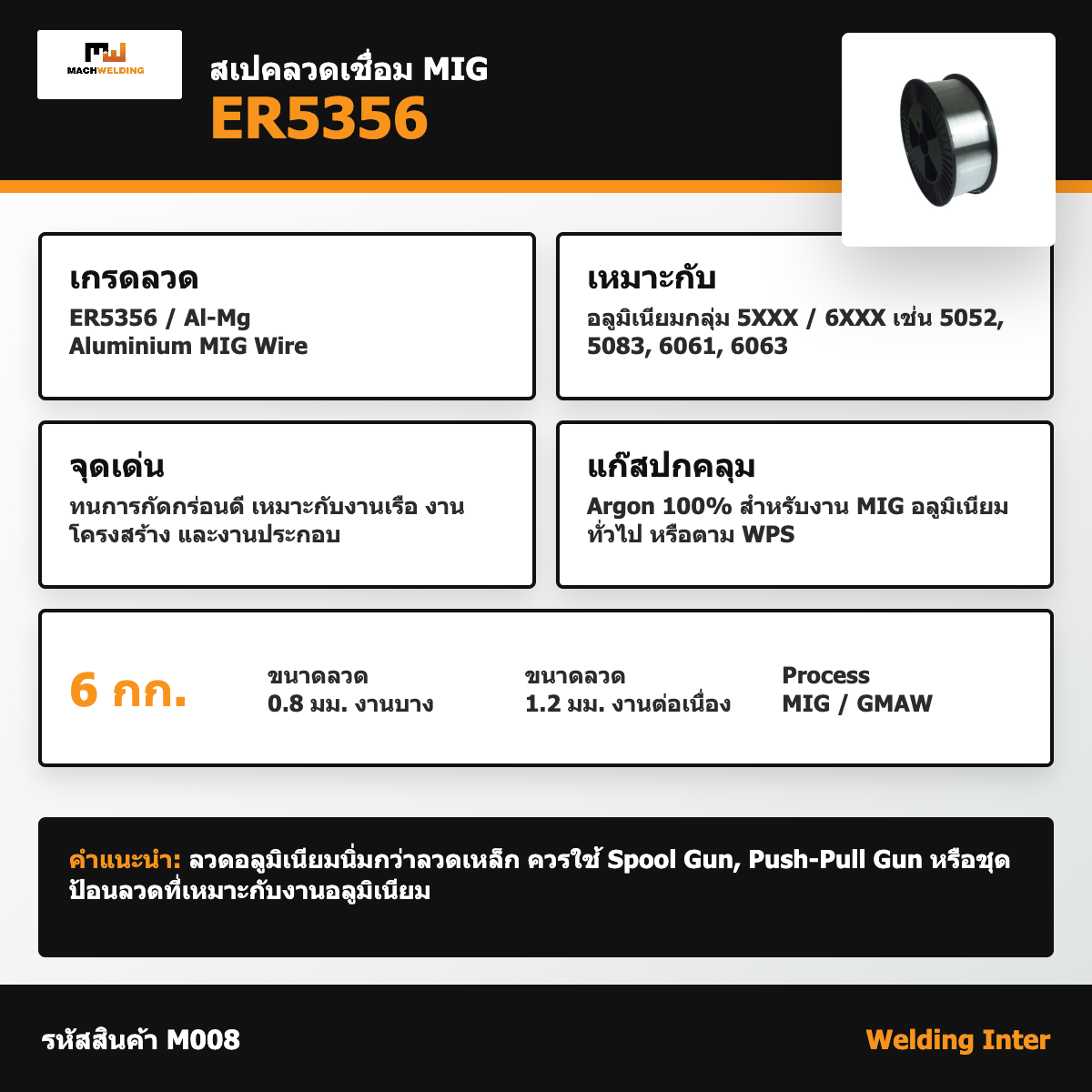 ลวด MIG อลูมิเนียม ER5356 MW 6 กก. ขนาด 0.8/1.2 มม.