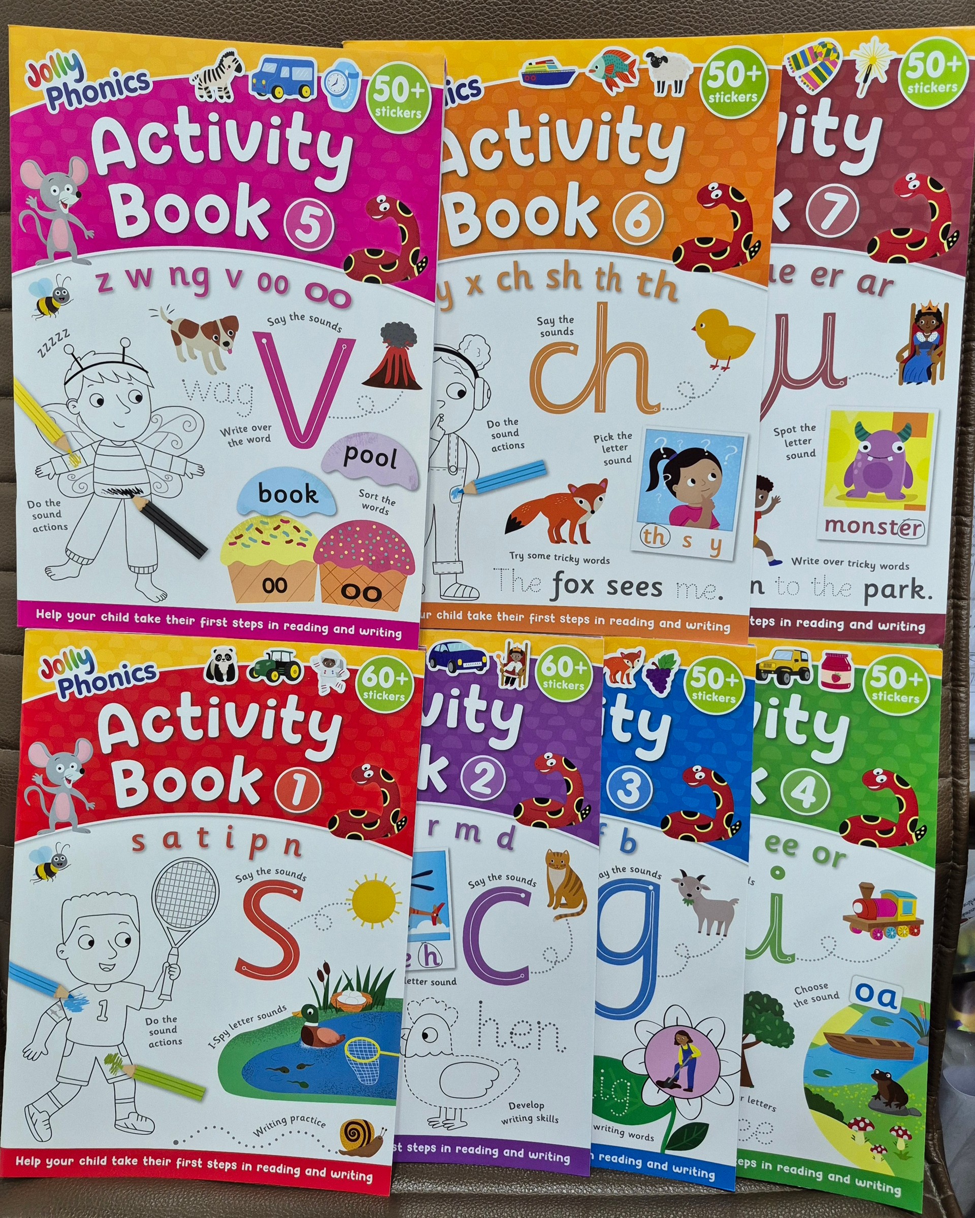 New Jolly Phonics Activity Books, set 1-7 (in precursive letters)