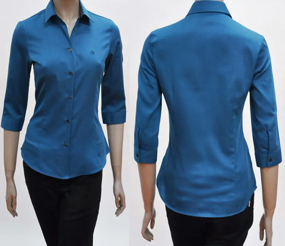 เสื้อเชิ้ตผู้หญิงสีกรมแขนสามส่วนลาย-ปก