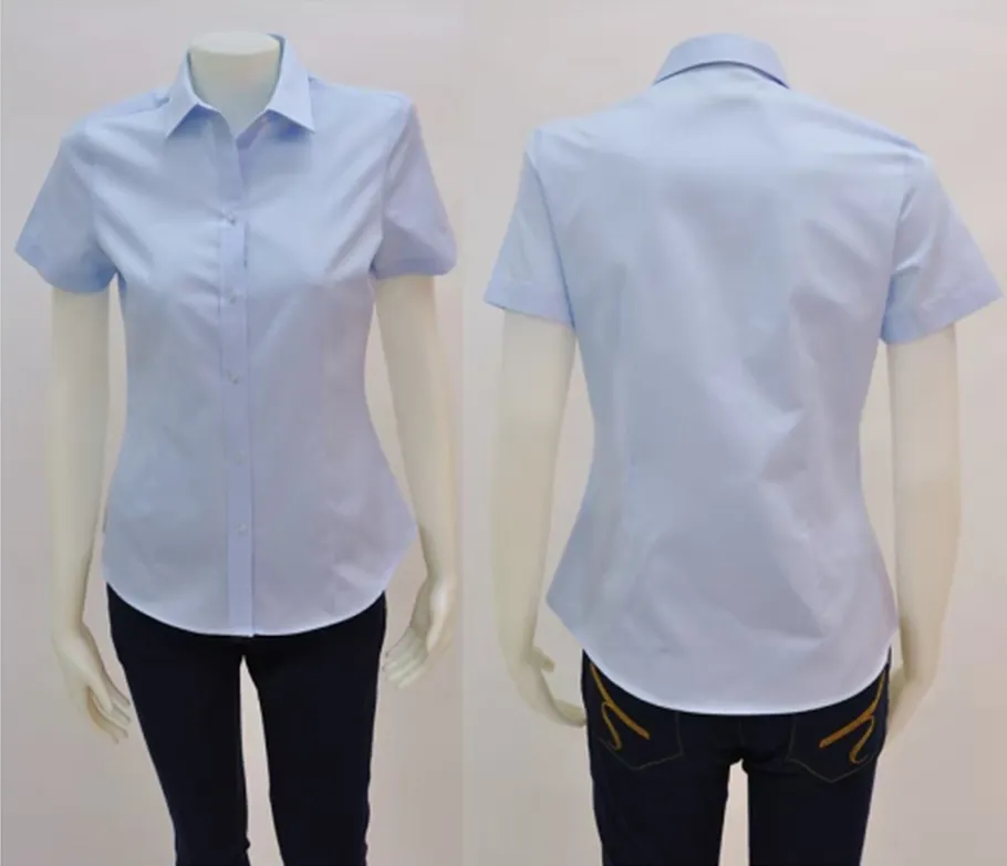 เสื้อเชิ้ตผู้หญิงแขนสั้นผ้าพื้นฟ้า