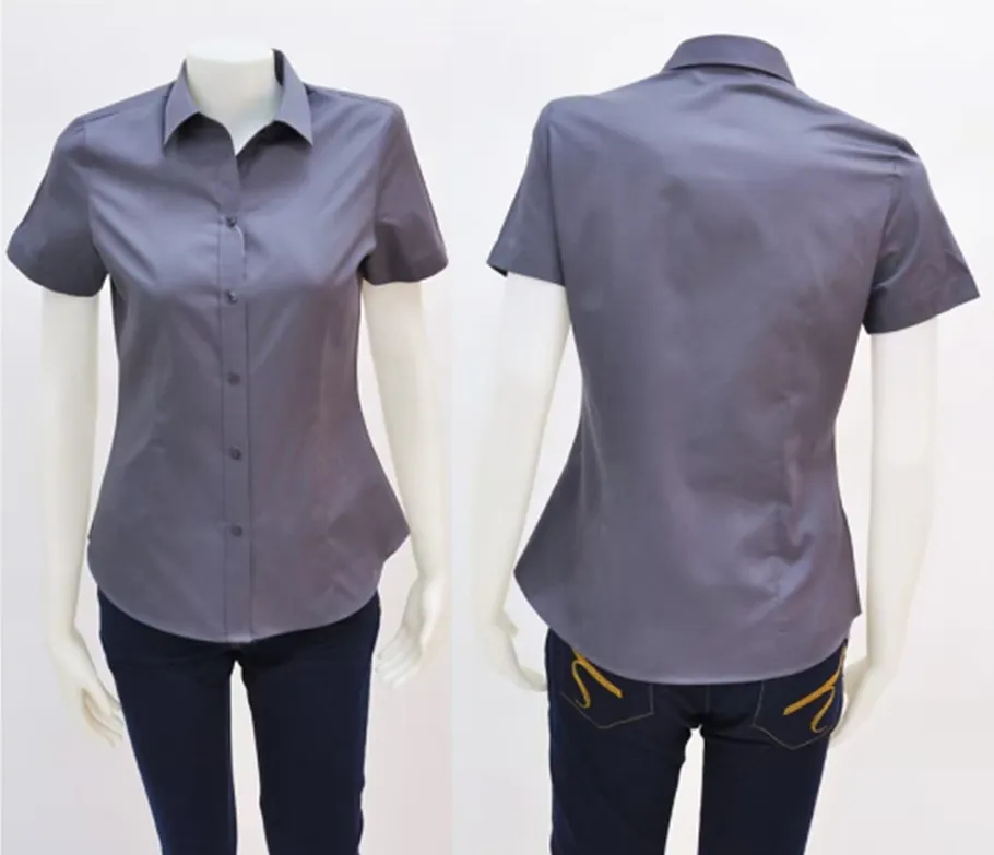เสื้อเชิ้ตผู้หญิงแขนสั้นผ้าพื้นเทาเข้ม