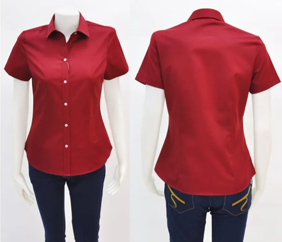 เสื้อเชิ้ตผู้หญิงแขนสั้นผ้าพื้นแดง