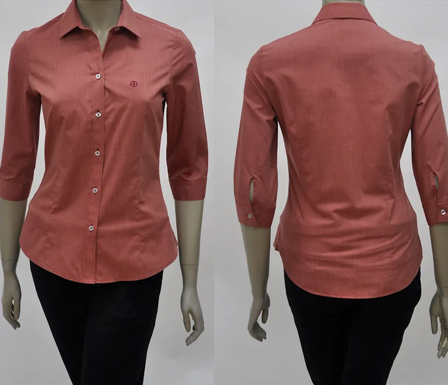 เสื้อเชิ้ตผู้หญิงแขนสามส่วนผ้าพื้นน้ำตาล