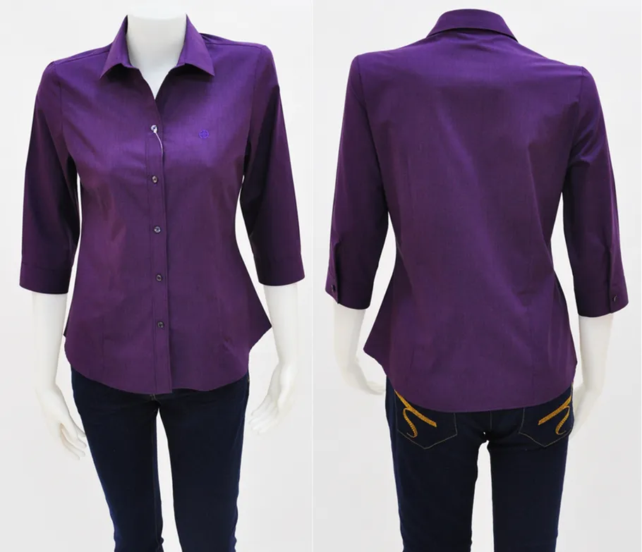 เสื้อเชิ้ตผู้หญิงแขนสามส่วนผ้าพื้นม่วงเข้ม