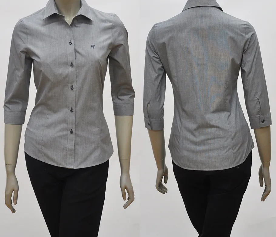 เสื้อเชิ้ตผู้หญิงแขนสามส่วนผ้าพื้นเทา