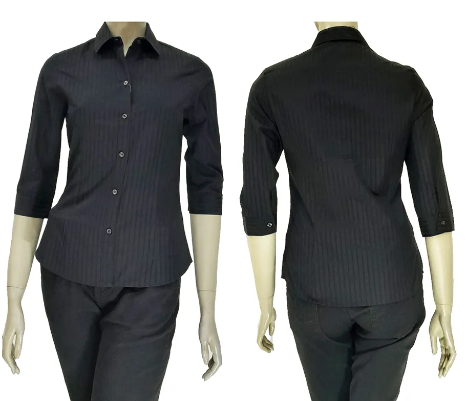 เสื้อเชิ้ตผู้หญิงแขนสามส่วนผ้าลายริ้วดำ(3310645)