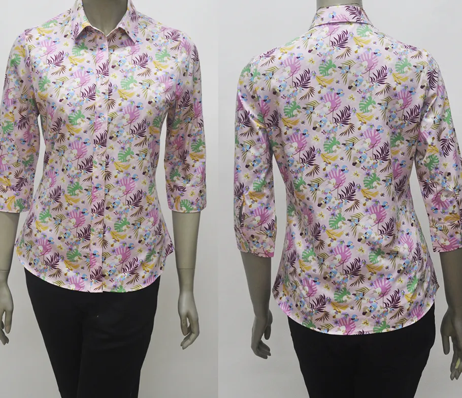 เสื้อเชิ้ตผู้หญิงแขนสามส่วนลายผ้าพิมพ์ชมพู