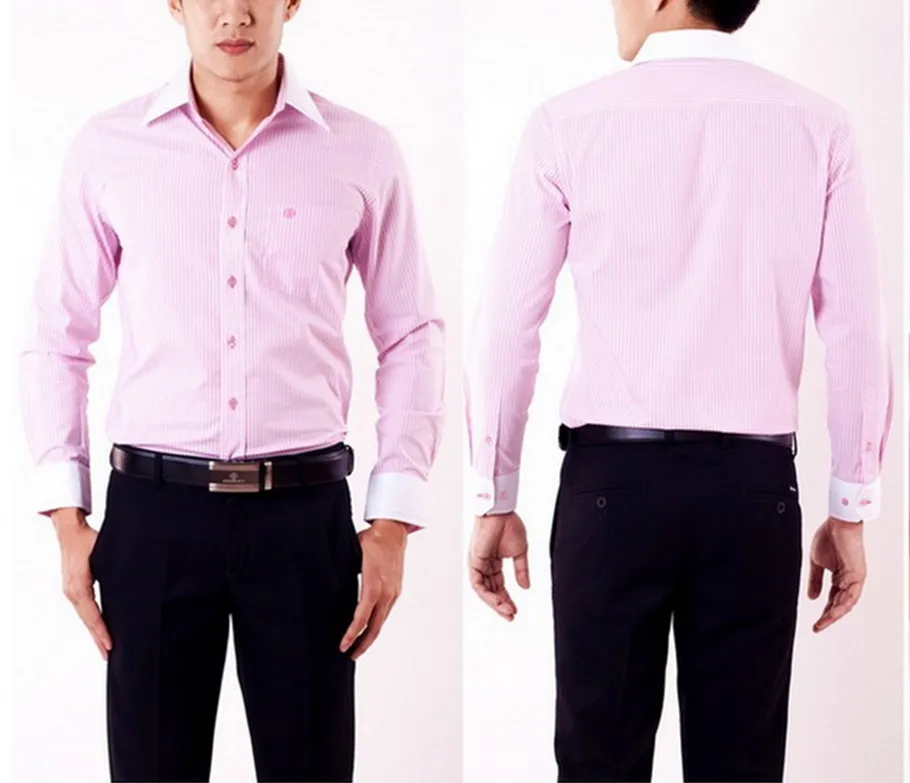 เสื้อเชิ๊ตผู้ชายสีชมพูแขนยาวผ้าลา-ปก