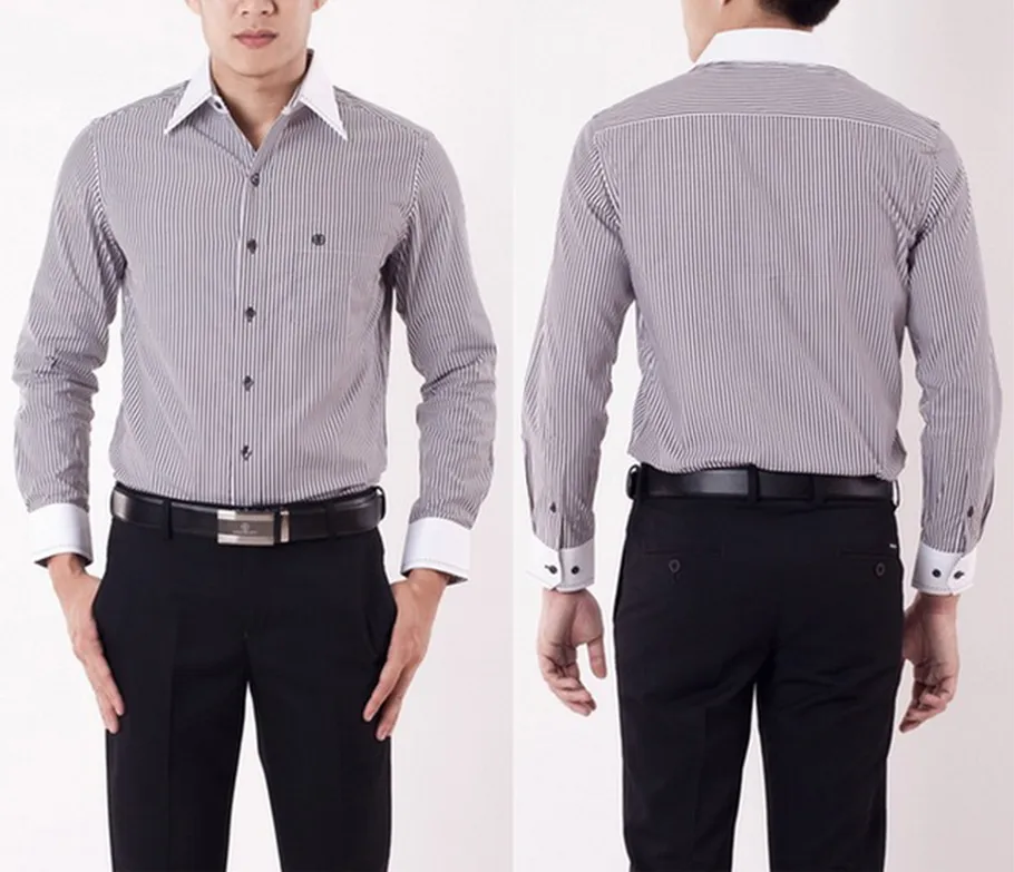 เสื้อเชิ๊ตผู้ชายสีดำแขนยาวผ้าลายริ้ว-ปก