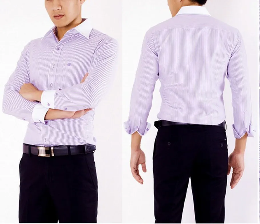 เสื้อเชิ๊ตผู้ชายสีม่วงแขนยาวผ้าล-ปก