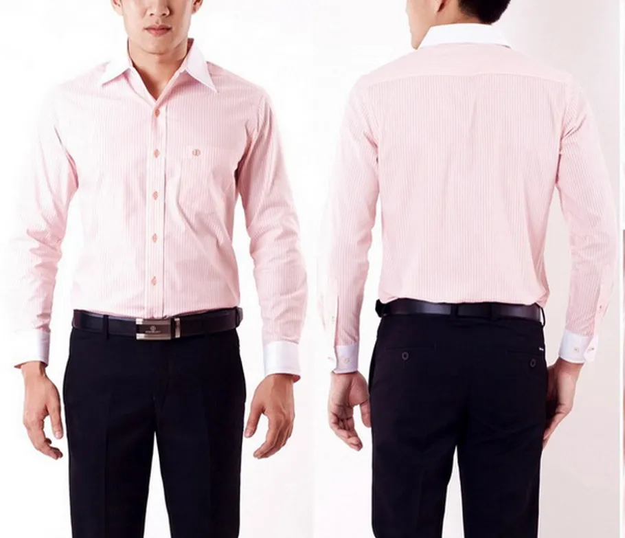 เสื้อเชิ๊ตผู้ชายสีส้มแขนยาวผ้าลายริ้ว-ปก