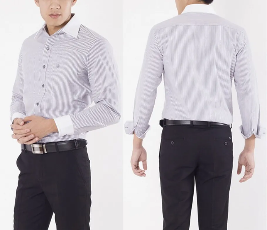 เสื้อเชิ๊ตผู้ชายสีเทาแขนยาวผ้าลายร-ปก