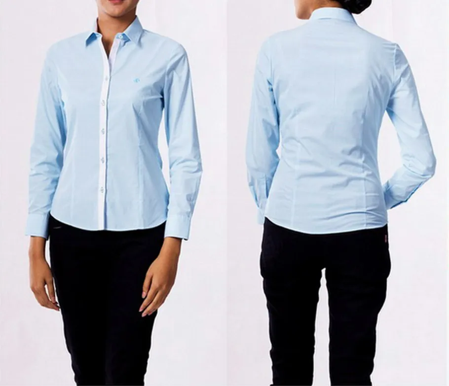 เสื้อเชิ๊ตผู้หญิงสีฟ้าทะเลแข-ปก