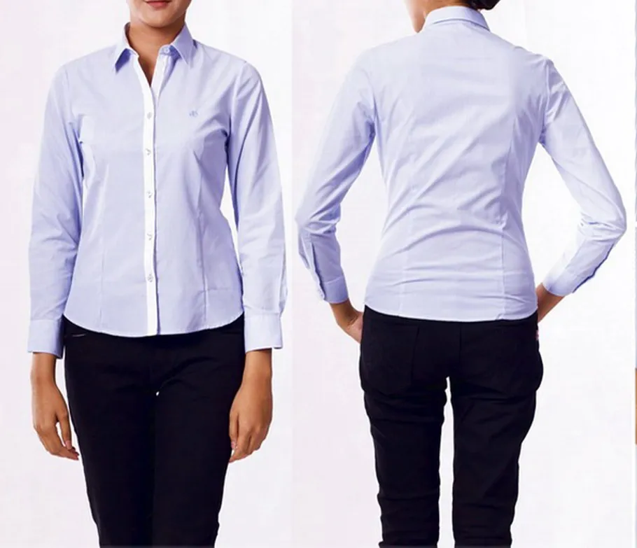 เสื้อเชิ๊ตผู้หญิงสีฟ้าแขนยาวผ้าล-ปก