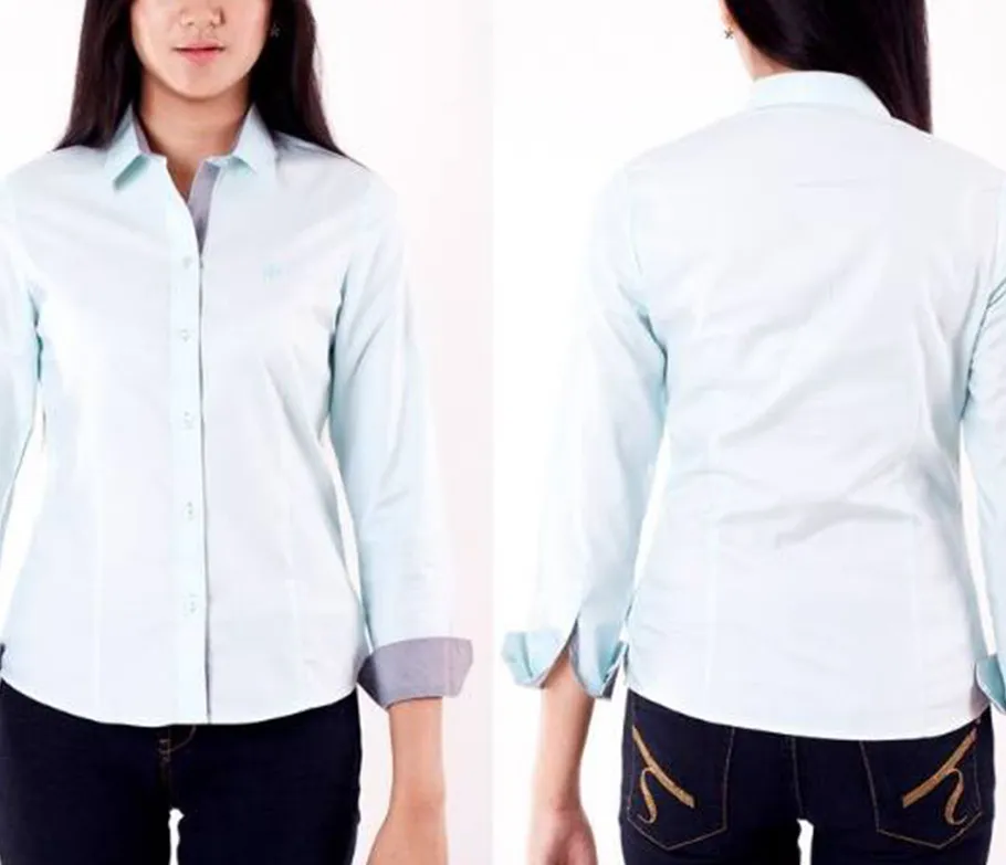 เสื้อเชิ๊ตผู้หญิงสีเขียวแขนยาวผ้าพื้น-ปก