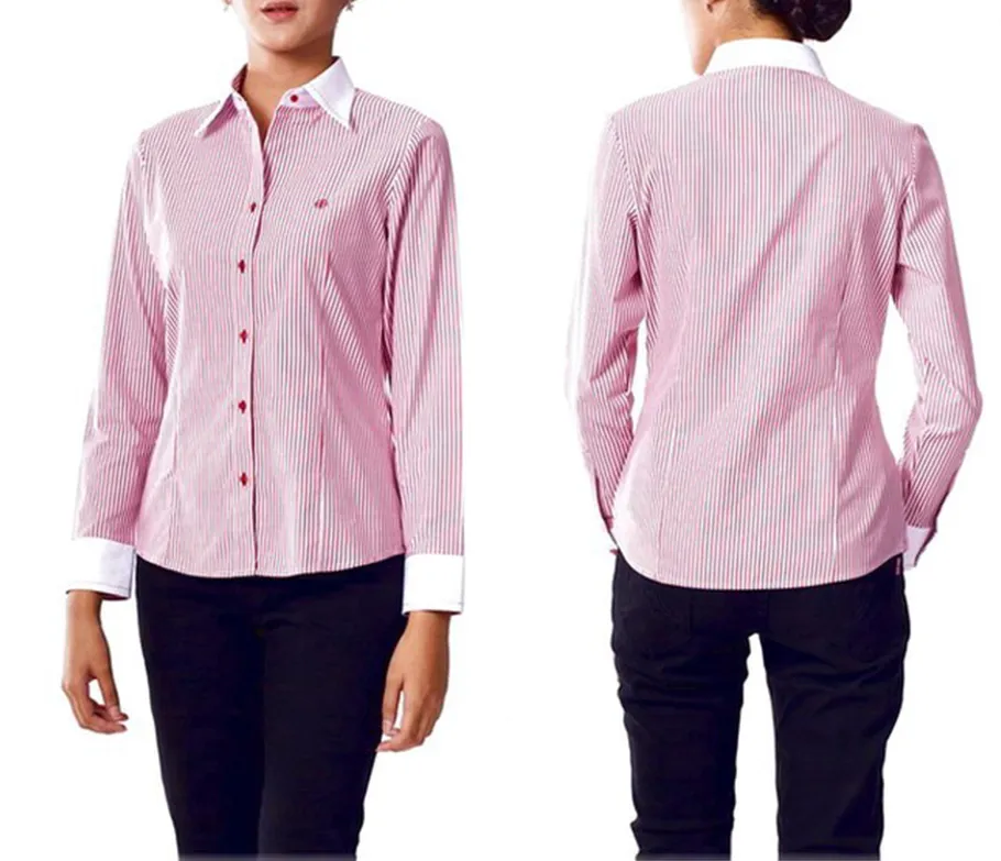เสื้อเชิ๊ตผู้หญิงสีแดงแขนยาวผ้าล-ปก