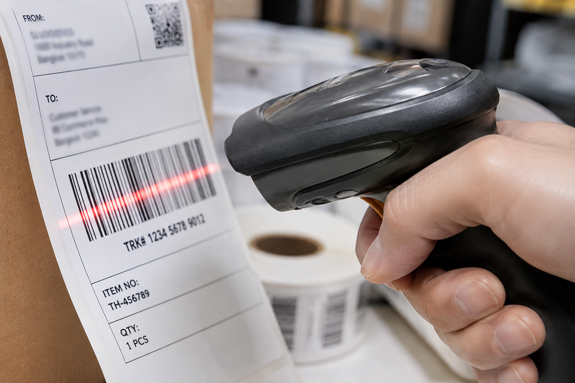 ภาพเครื่องสแกนบาร์โค้ดกำลังสแกนฉลาก