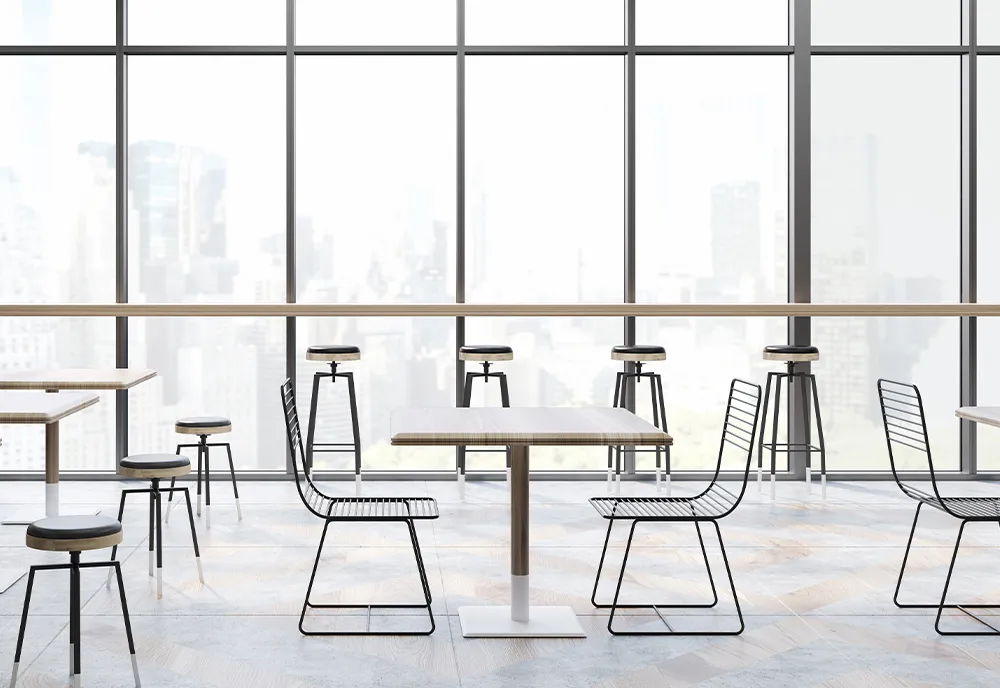cafe-interior-with-panoramic-windows-square-wooden-tables-transparent-chairs-bar-stools-3d-rendering