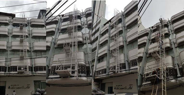 บันไดหนีไฟบันไดลิงมีคอกกันตกด้านหลังมีชานพักทุกชั้นบริษัทเพรชจิวเวลรี่ย่านสีลม