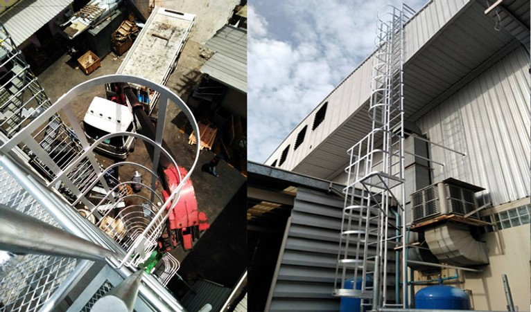 บันไดหนีไฟแบบบันไดลิงมีกันตกด้านหลังชุบกาวาไนซ์walkwayเพื่อservicesolarcellหลังคาโรงงาน