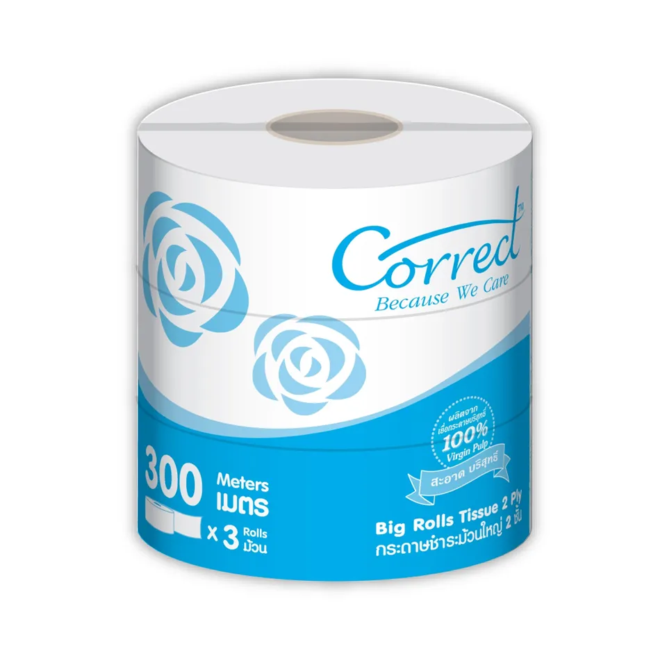 Correctกระดาษชำระม้วนใหญ่หนา2ชั้นความยาว300เมตรแพ็ค3ม้วนV8
