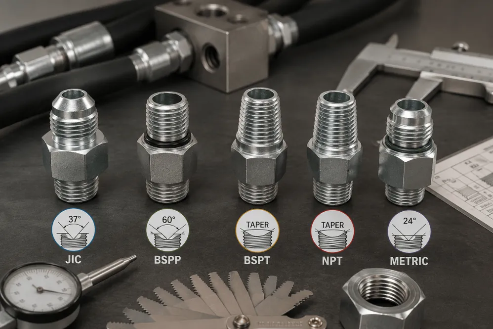 วิธีแยกแยะเกลียวหัวต่อสายไฮดรอลิค (JIC, BSP, NPT, Metric) ป้องกันการซื้อผิดไซส์