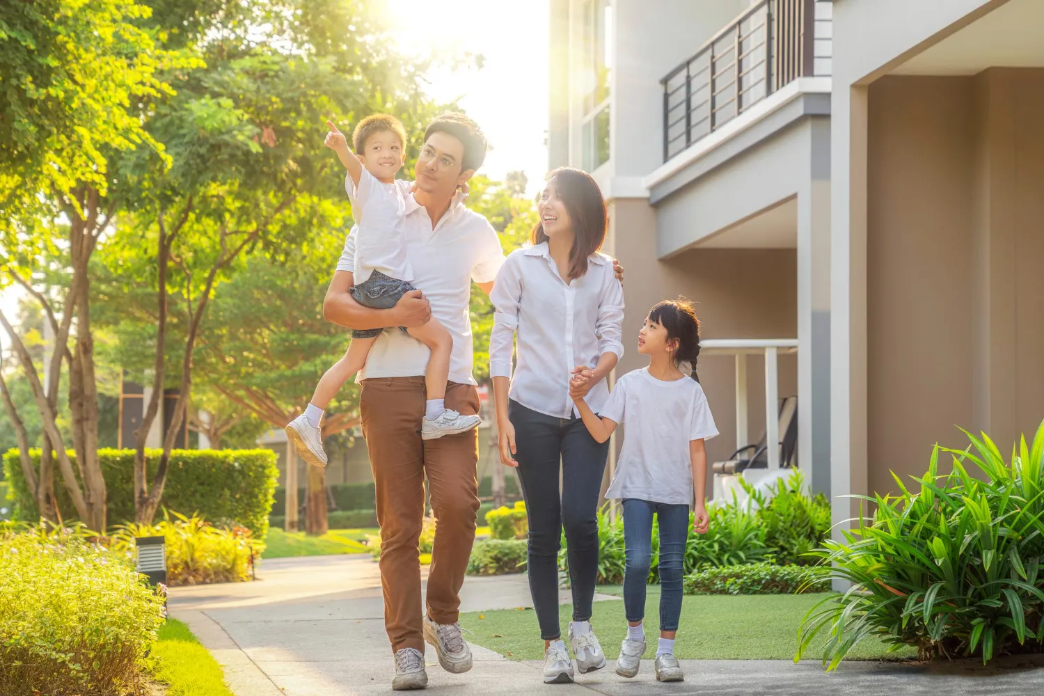 family-walking-house