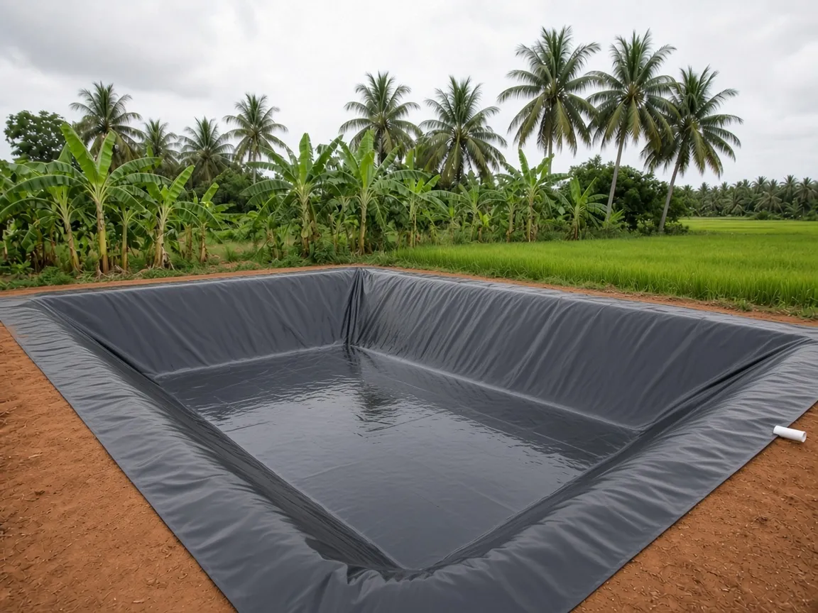 ปูแผ่นพลาสติก HDPE สีดำลงในบ่อ แล้วปล่อยน้ำเข้าเล็กน้อยให้น้ำกดแผ่นไว้