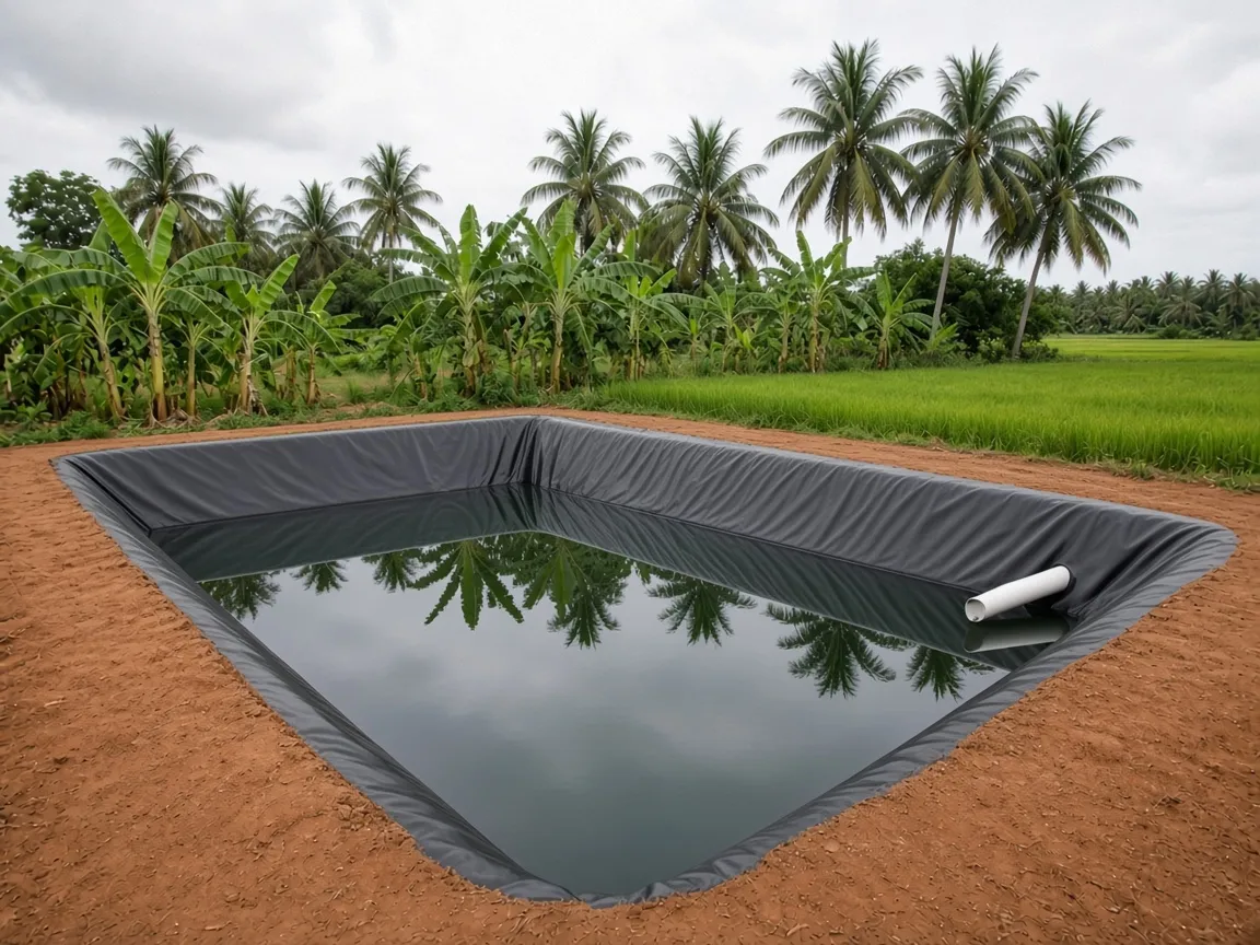 บ่อเก็บน้ำปูแผ่นพลาสติก HDPE สีดำ เติมน้ำเต็มถึงระดับท่อน้ำล้น