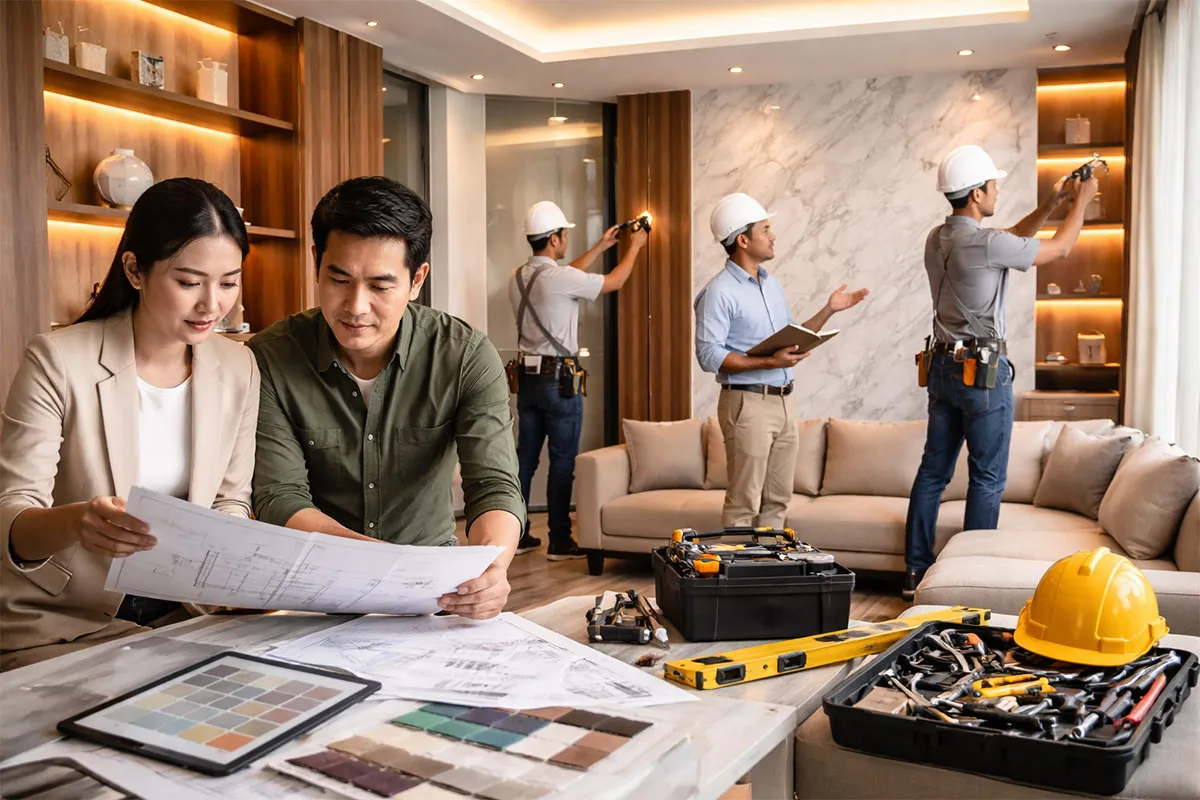 ทีมออกแบบและช่างตกแต่งภายในทำงานร่วมกันในโครงการ-Turnkey