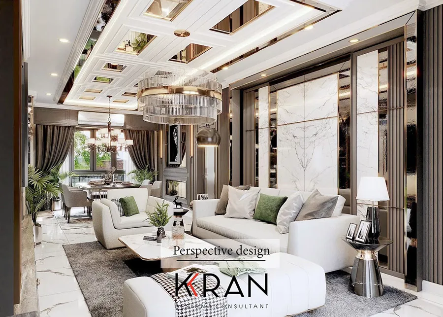 ห้องรับแขกสไตล์หรูตกแต่งโดยKRANDESIGNด้วยโทนขาวเทาและทอง