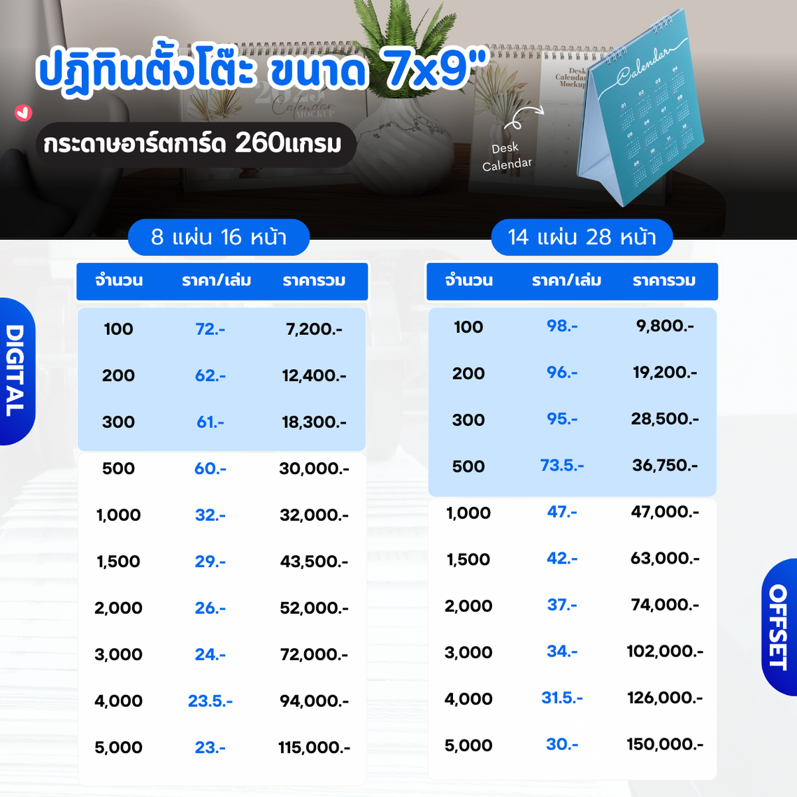 ราคาปฏิทินตั้งโต๊ะขนาด7x